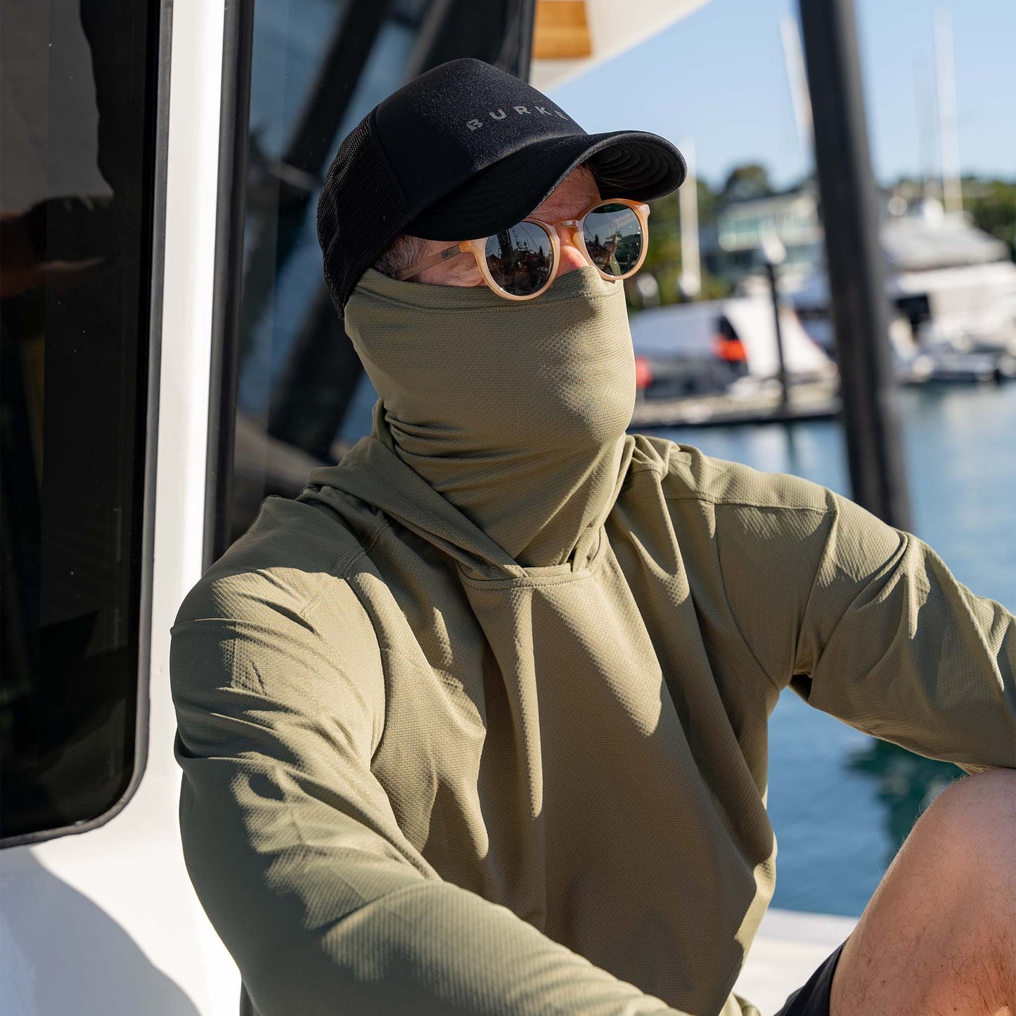 Burke Hooded Sun Shirt with built-in neck gaiter - army green