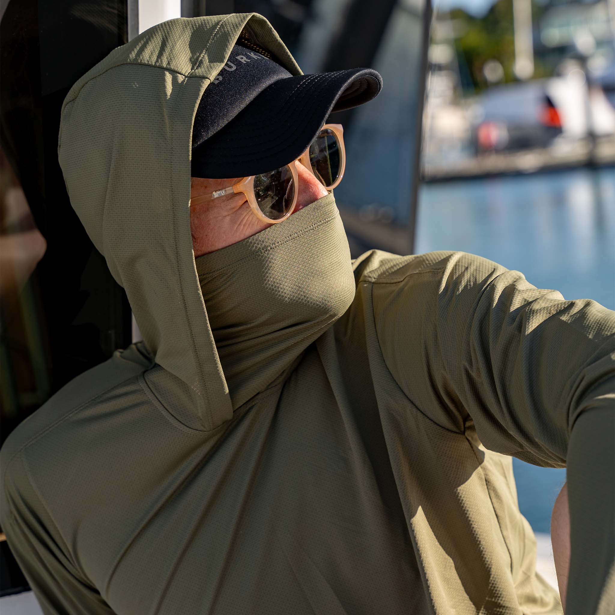 Burke Hooded Sun Shirt with built-in neck gaiter - army green