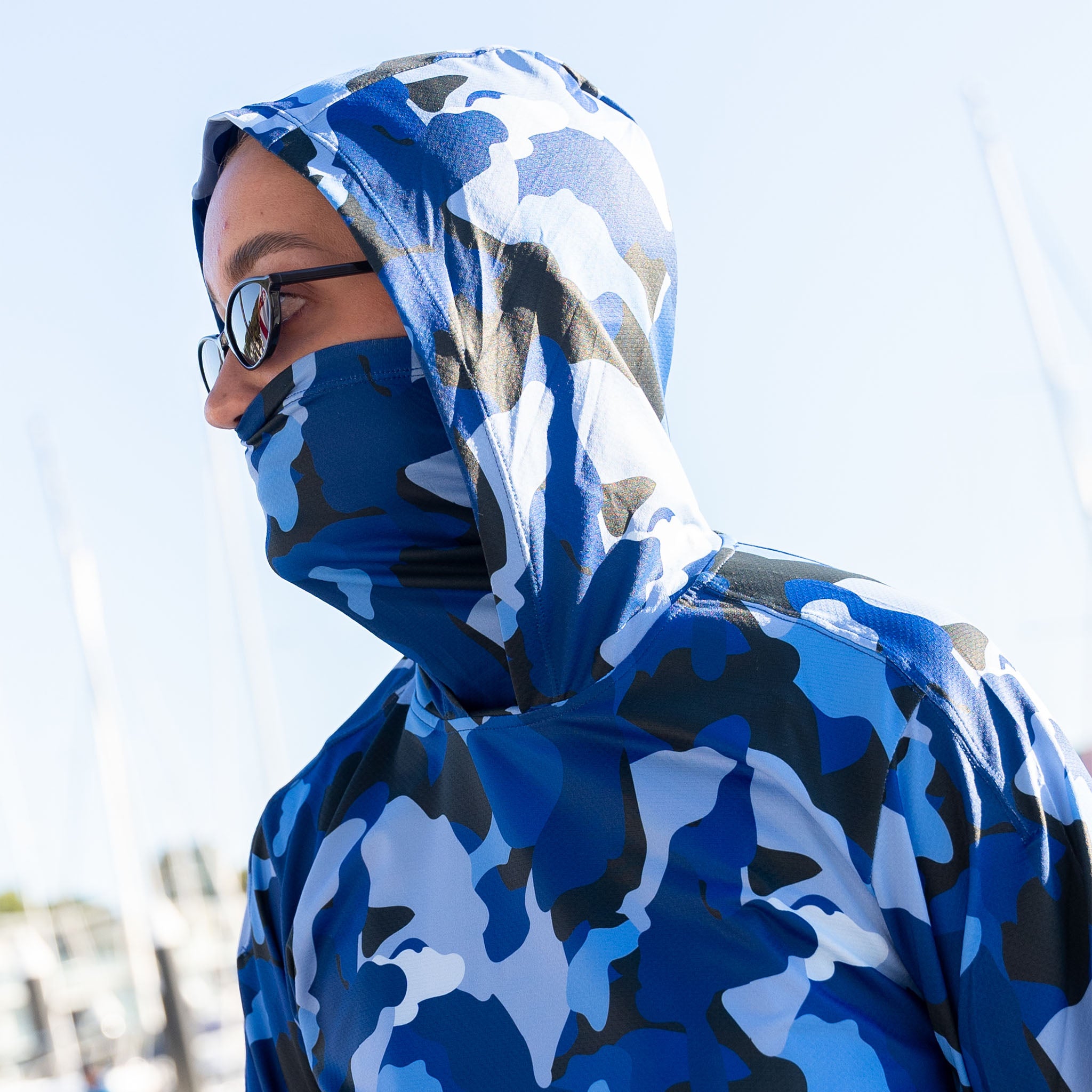 Burke Hooded Sun Shirt with built-in neck gaiter - blue camo